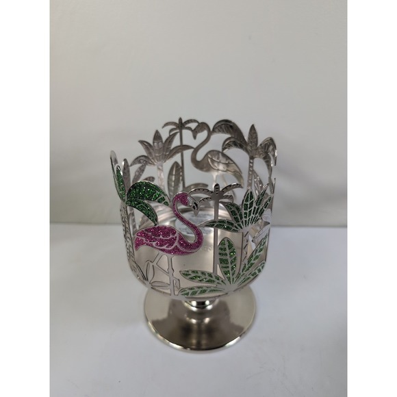 Bath & Body Works Pink Flamingos Palm Trees Pedestal 3-Wick Candle Holder Silver - Picture 3 of 6